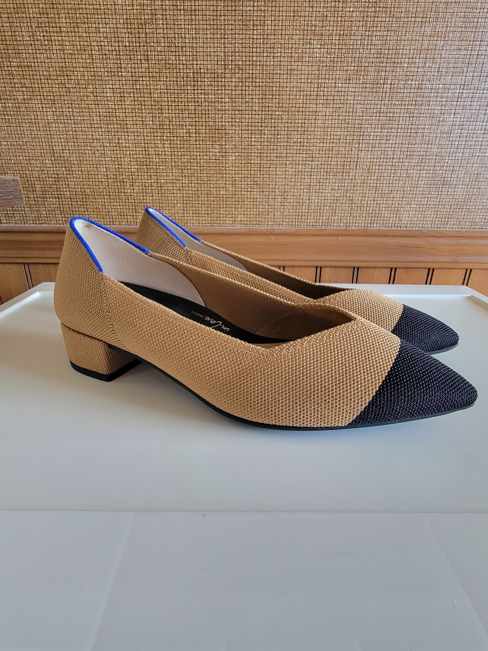 Rothy's The High Point Wren Two-Tone Pointed Toe Low Block Heel Pumps